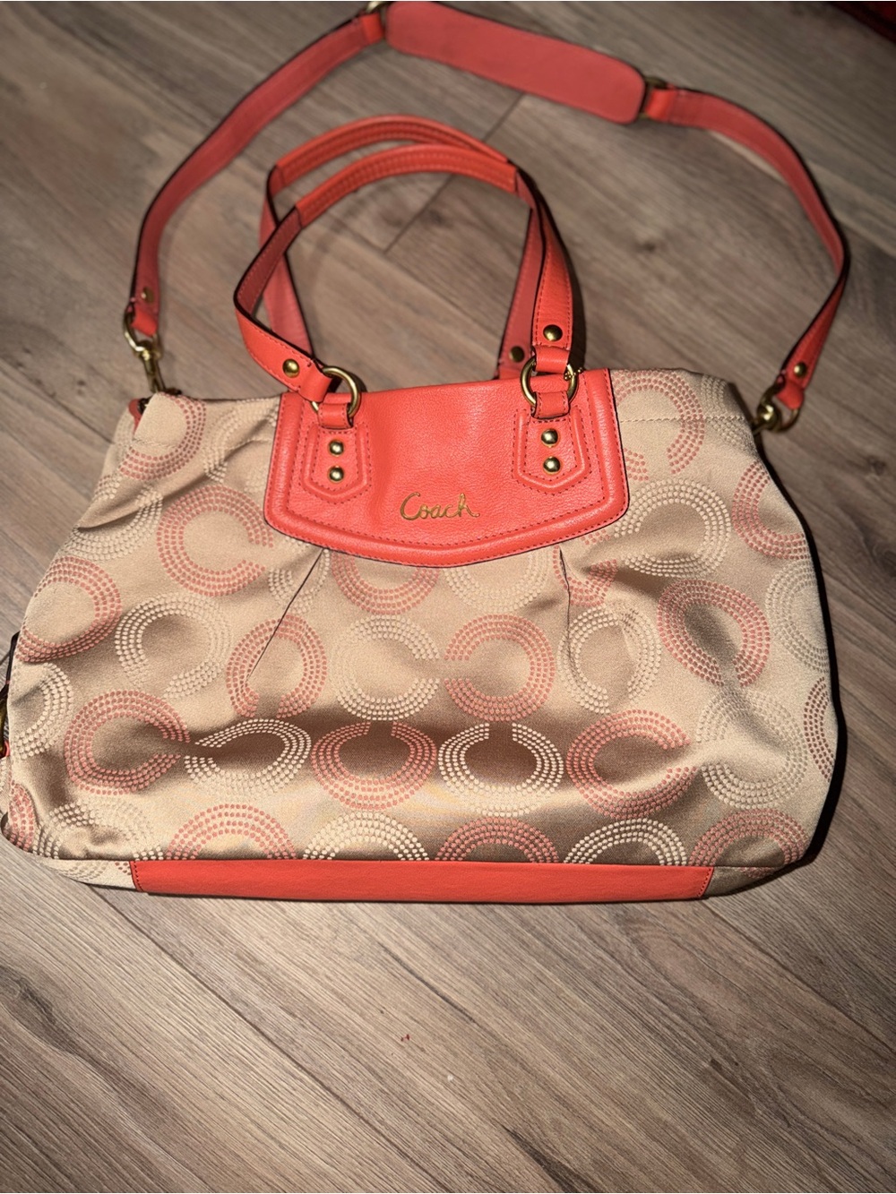 Coach Coral and Beige Signature Satchel with Shoulder Strap